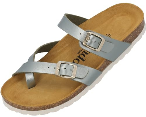 Palado Damen Pantoletten Cres Metallic - elegante Sandalen Made in Spain - bequeme Hausschuhe mit dämpfendem Kork-Fußbett - modische Sommerschuhe