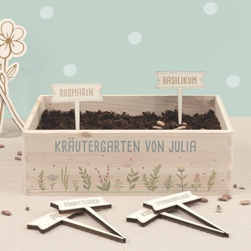 Personalisiertes Saatgut Anzuchtset für Kinder, Mini Gärtner Starter Kit, Garten Holzkiste, Gemüsegarten für Kinder, Kräutergarten, Blumengarten (Kräutergarten, L (40x30x14cm))