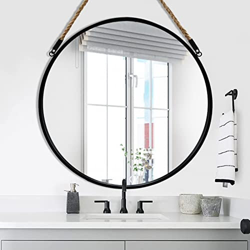 POZINO Espejo colgante redondo grande, espejo de pared circular con cuerda, marco negro de 76 cm, espejo de granja para baño, dormitorio, sala de estar, entrada, decoración del hogar