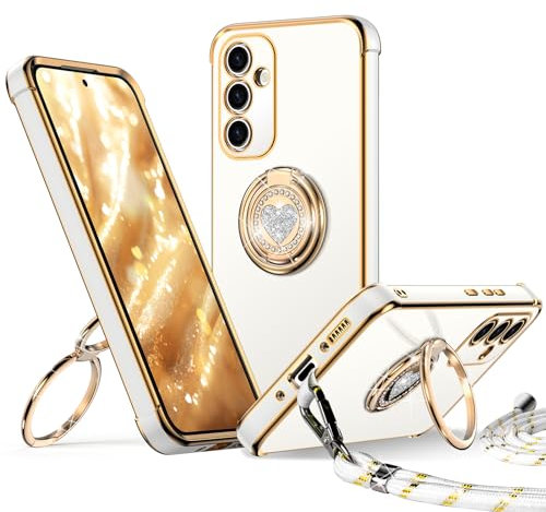 XYZ Coque pour Samsung Galaxy A35 5G, avec Double Anneau de Support Cœur, avec Lanière pour Filles et Femmes, Coque de Protection Luxe Mignonne et Scintillante pour Samsung A35 5G, Blanc