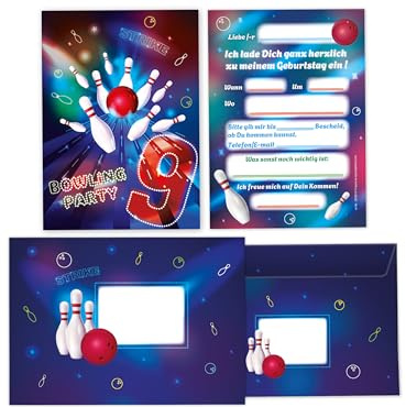 Limonia 12 Einladungskarten inkl. 12 Umschläge zum 9. Kindergeburtstag Motto-Party Bowling neon Einladung Set Geburtstag Mädchen Kinder Jungs Jungen Boys Teenies