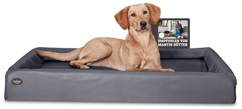 SABRO KUDDE Orthopädisches Hundebett – Martin Rütter – Hochwertiges Kunstleder – Waschbar & Wasserabweisend – Ergonomisch – Premium Haustierzubehör für Mittelgrosse, Grosse Hunde XL in Grau