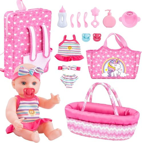 deAO Bambolotti Bambole e Accessori, 12”Bambola Bebè Set con Sacchetto di maternità Borsa Culla portatile Zaino, Set di Alimentazione e Cura per Bambole neonato, Set di Giochi di Finzione per Ragazze