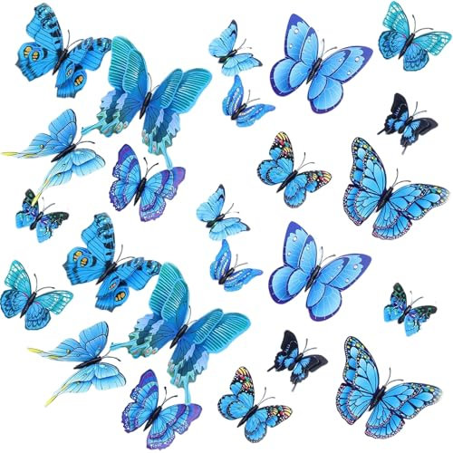 24PCS 3D Butterfly Wall Sticker Double Layer Butterflies Wall Art Stickers Girls Bedroom Decorations Butterfly Decals DIY Art Crafts for Home Garden Classroom Party Decor (Blue)