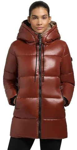 khujo Damen kurzer Wintermantel warmer Steppmantel mit Kapuze in glänzender Optik Grana-YM Coconut Brown Gr. XS