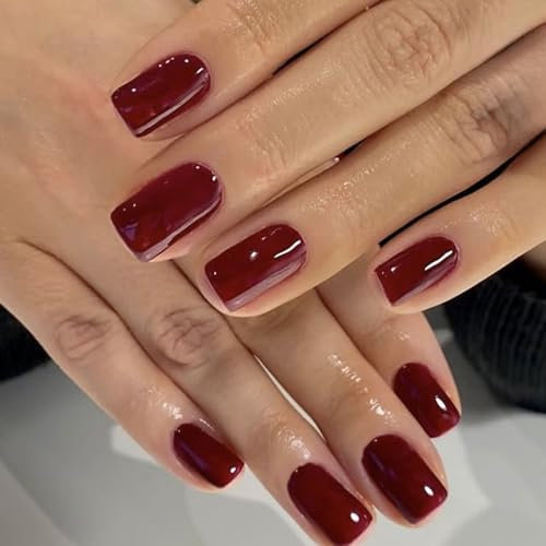 Ceboic 24Pcs Faux Ongles Court Carré Vin Rouge Press on Nails Glossy Couleur Pure Ongles à Coller Artificiels Ongles à Presser Acrylique Couverture Complète French Capsule Ongles pour Femmes Filles