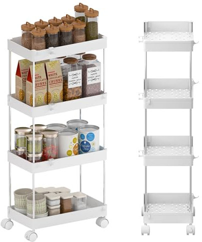 GOOPOOL Küchenwagen mit 4 Ebenen, Rollwagen, Küchenregal, Nischenregal, 360° drehbare Räder Rollen, arretierbar, Badregal Aufbewahrungswagen für Küche Bad, Küche, Büro, mit 11 Haken, weiß