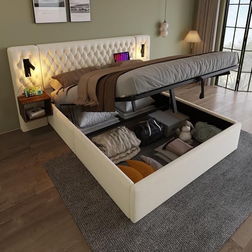 FEZTOY Polsterbett Doppelbett Bettanlage 180 x 200 cm mit 2X Nachtkommoden & 4 Schubladen, Kopfteil mit LED & USB Ladefunktion - Hydraulisch Stauraumbett, Samt, Ohne Matratze