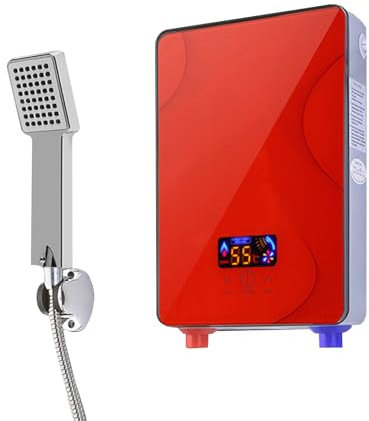 Wassererhitzer Elektroheizung für Sofortiges Warmwasser mit Handbrause LED-Anzeige Temperatur einstellbar für Küche Bad und Restaurant (Rot)