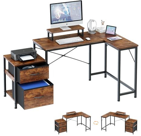 Dripex Schreibtisch L-Form mit Regal Stauraum Arbeitstisch Eckschreibtisch Bürotisch L-förmiger Computertisch mit Schublade und Monitorständer für Büro und Zuhause, Braun (139x80 cm)
