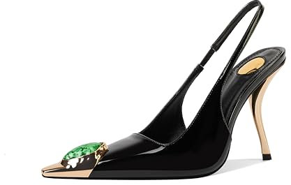 CAGLGLZ Women's Slingback Stiletto High Heels Crystal Metallic Closed Pointed Toe Pumps Patent Leather Slip on Elastic Strap Heeled Sandals Fashion Party Dress Shoes for Women, Black, 6.5 UK