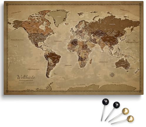 Generisch Personalisierbare Leinwand aus Weltkarte Motiv mit Rückwand-Pinnwand, perfekt für Reisende und als Wanddekoration, Dekorative Leinwandbilder, inkl. 100 Pins (Design 3, 120x80cm)