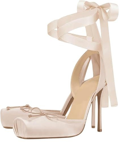 Vertundy Women's Satin Ballet Heels Lace Up Square Toe Stiletto High Bow Ballerina Heels, Champagne Gold, 5 UK