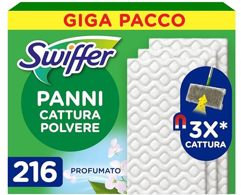 Swiffer Panni Cattura Polvere, 216 Panni Microfibra Dry, Cattura Polvere e Sporco, Ottimo per Tutti i Tipi di Pavimenti e per i Peli di Animali, Giga Formato