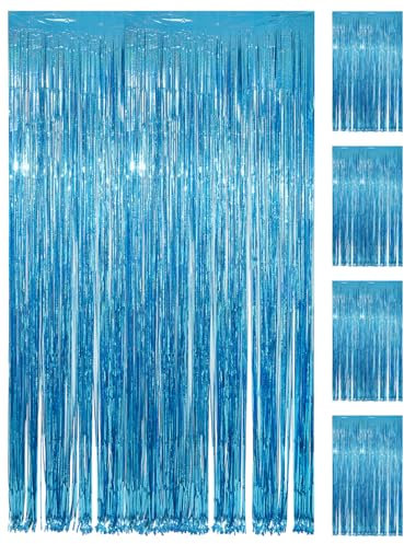 PVEGOS 4PCs 3.3 x 8.3 ft Laser Light Blue Glitter Tinsel Curtains Foil Curtain Backdrop.Laser Luminescent Particles Foil Fun Fringe Streamers for Party Birthday Decoration,Engagement,School Events