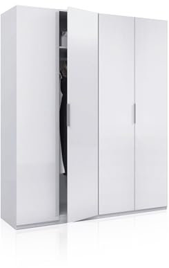 duehome | Armario 4 Puertas, Armario de Dormitorio, Color Blanco Brillo, Modelo Belar, Medidas 200 cm (Alto) x 180 (Ancho) x 52 cm (Fondo)