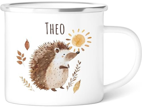 GRAVURZEILE Emaille Tasse für Kinder - Waldtiere Igel - Personalisiert mit Namen - versch. Tiermotive zur Auswahl - 300 ml - Trinkbecher für Kinder - Geschenk für Jungen & Mädchen