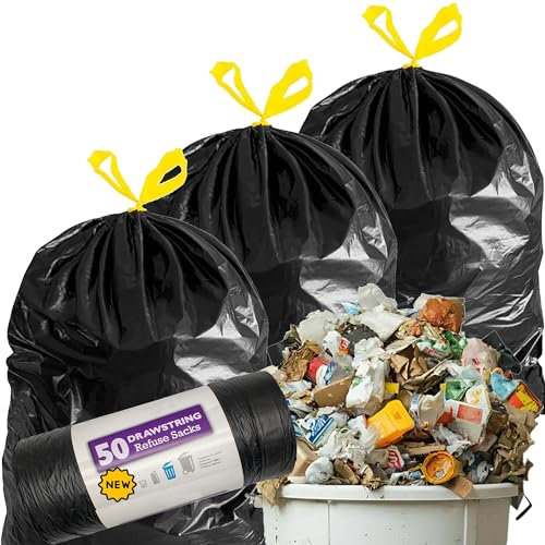 Drawstring Refuse Bags 120L Bin Liners Easy Tie Top Handle For Dustbin Home, Kitchen, Office & Garden (50 Drawstring Bags (1 Roll of 50))