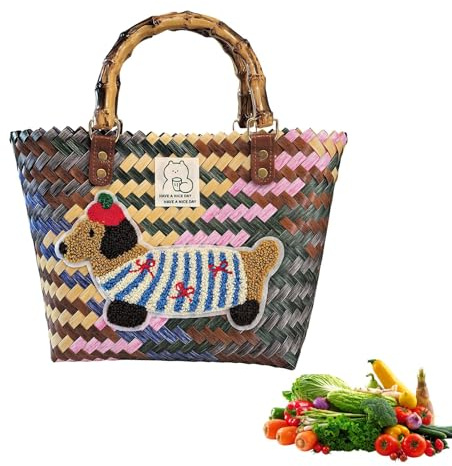Einkaufskorb Geflochten aus Kunststoff, Strohtasche Mittel, Korbtaschen Damen Mit Bambusgriff, Vintage Basttaschen Damen Sommer, Wasserdicht Einkaufstasche Geflochtene Tasche (Dackel) (Mittel)