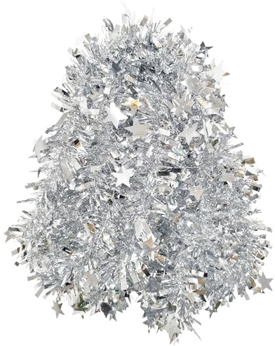 AMLOOPH Silver Tinsel, 10m Thick Silver Tinsel Garland For Christmas Tree Decorations, Chunky Christmas Tinsel With Star Garland For Stairs Ceiling Door Xmas Home Decoration