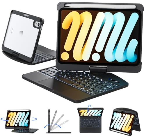 Tiaota Transparente Hülle mit Tastatur für iPad Mini 7 A17 Pro (2024) und Mini 6 (2021) 21,1 cm (8,3 Zoll), 7-farbige Hintergrundbeleuchtung, kabellose Tastatur, 360° drehbar, mit Trackpad