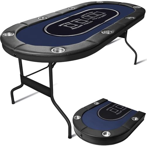 HLC 8 Player Foldable Poker Table for Adults - Professional Casino Design w/Padded Rail & Deep Cup Holders | Heavy-Duty Steel Frame | Portable for Home Games, Parties & Poker Nights, 71 Inch