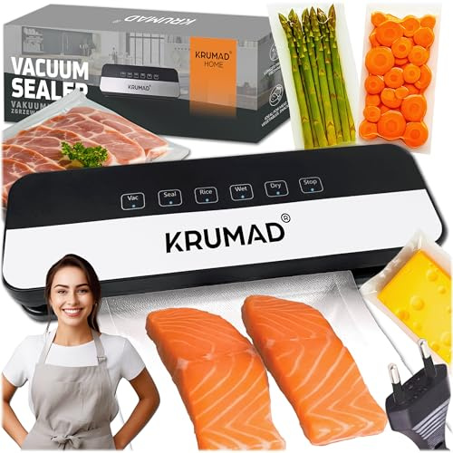 KRUMAD Vakuumiergerät, Vakuumierer für Lebensmittel, Folienschweißgerät | 65kPa/130W Inkl. 10 Vakuumierer Beutel 25x20cm, 5 Modi, 30cm Schweißnaht, für Trockene & Feuchte Lebensmittel, 50Hz, 65kPa