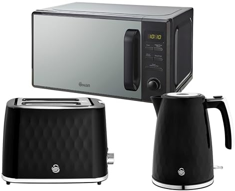 Swan Black Kitchen Appliance Bundle – 1.7L Rapid Boil Kettle, 2 Slice Toaster & 20L Digital Microwave, Hexton Range Kettle & Toaster with Compatible Swan Microwave