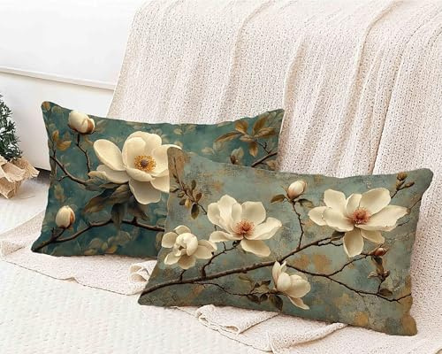 Kissenbezug 40x80cm 2er Set, Kissenbezug Magnolie Kopfkissen Weiß Muster Design Kopfkissenbezug Wasserdicht Leinen Pillow Case Herbstdeko mit Verstecktem Reißverschluss für Deko Wohnzimmer -lsy250127Y