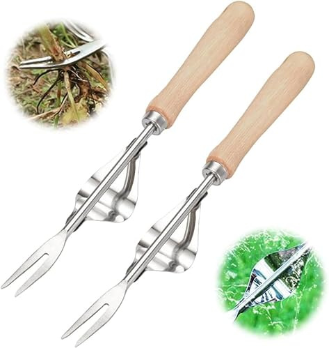 Générique Désherbeur Manuel en Acier Inoxydable avec Manche en Bois – Outil de Jardinage pour Creuser, Désherber et Transplanter Les Racines et Pissenlits (2PC)