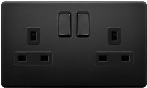 EVOGES Terra 2 Gang 13A Double Pole Switched Socket – Decorative Wall Power Outlet, Twin Plug Socket, Fits Standard UK Back Boxes, UK Wiring Accessories (Matt Black)