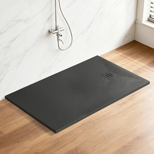 1700 x 800mm Rectangular SMC Shower Base Tray Anti Slip Black | Slate Effect Surface with Slip Resistance, 32mm Height, for Walk-In Wetroom & Shower Enclosure, High Load 300kg Capacity