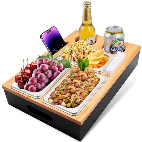 Couchbar Snackbox Holz Sofatablett Geburtstagsgeschenk für Männer & Frauen | Abnehmbarer Deckel 3 Edelstahl Snackschalen 2 Handy- & 2 Getränkehalter,Snackspender für Sofa Couch Bar Wohnmobilausstattung