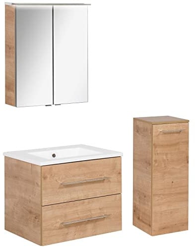 FACKELMANN braunes Badmöbel Set B.Perfekt 3-TLG. mit Waschtisch Unterschrank inkl. Keramikbecken hängend 60 cm & LED Spiegelschrank