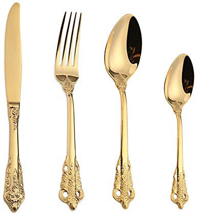 WULUN Golden Stainless Steel vajilla set Barroco de 4 piezas, con cuchillos, tenedores, cucharas, cucharas de café, estilo real antiguo, se puede poner en el lavavajillas