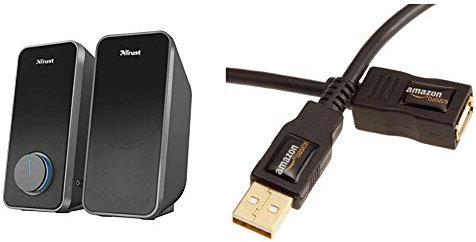 Trust Arys 2.0 PC Speakers for Computer and Laptop, 28 W, USB Powered, Black & Amazon Basics USB 2.0 A-Male to A-Female Extension Cable 3 m / 9.8 Feet