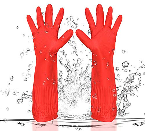 BESLIME Rubber Cleaning Gloves - Washing up Gloves,Reusable Rubber Gloves,3-Pairs(red,long)