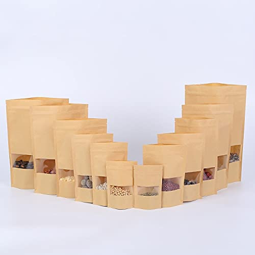Crysdaralovebi Lot de 100 sacs en papier kraft avec fenêtre transparente à fermeture éclair - 20 x 30 cm