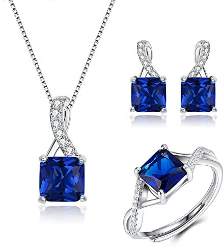 Clearine Quadratschliff Schmuck Set 925 Sterling Silber Zirkonia Anhänger Halskette,Baumeln Ohrringe und Ring Sets Edelstein Geschenke für Damen Mädchen Saphir-Blau Silber-Ton