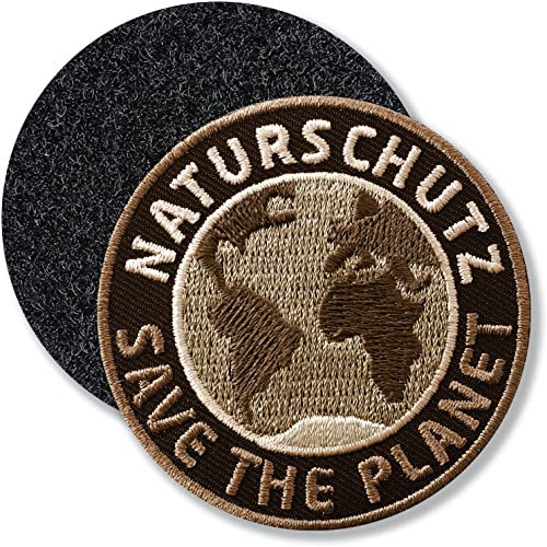 Naturschutz, Save the Planet/Klett-Patch gestickt 60 mm rund/Natur Umwelt Frieden Peace Erde Welt/Klett Patch Patches auf Kleidung Rucksack Taschen (Braun)