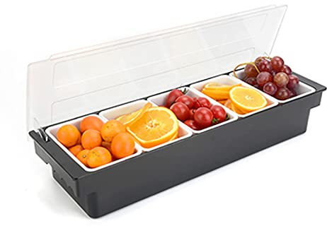 KOLHGNSE 3/4/5 Fächer Bar Zutatenbehälter, Gewürzspender Garnieren Kunststoff Obst Caddy Tablett Home Veggie Box mit Deckel für Restaurant Buffet und Bar (5 Fächer)