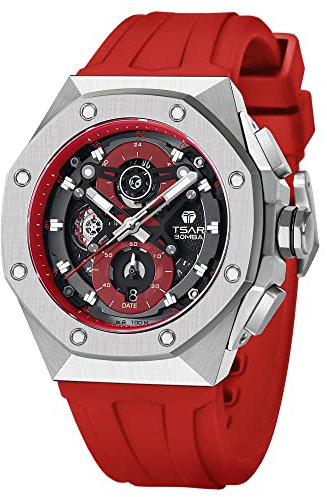 TSAR BOMBA Herren Uhr Markenuhren Wasserdicht 100M Luxus Achteckige Lünette Chronograph Uhr Herren Super Helles Leuchtendes Japanisches Uhrwerk Saphirglas Skelett Stilvolles Sport Watch Armbanduhr