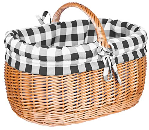 Mittelgroßer Einkaufskorb mit Stoffbezug Weidenkorb Autokorb Weide Korbwaren Korb Bauernkaro/Kariert (L) 45 x (B) 32 x (H) 21/32) mit abnehmbaren Stoffeinlage und Schleife | SCHWARZ