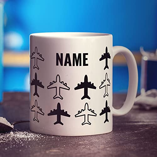 Planes Silhouette Personalised Mug - Add Any Name - Gift for Aeroplane Lovers, Plane Enthusiast - Present for Christmas, Him, Her, Dad, Grandad, Brother, Uncle, Husband, Pilot - 11oz Ceramic Cup