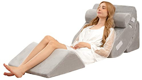GOPLUS Keilkissen Set, orthopädisches Bettkissen Set mit maschinenwaschbarem Stoffbezug & Ergonomischer Memory Schaum Füllung, Ideal für Schwangerschaft Allergien Schnarchen, Grau (4-teilig)