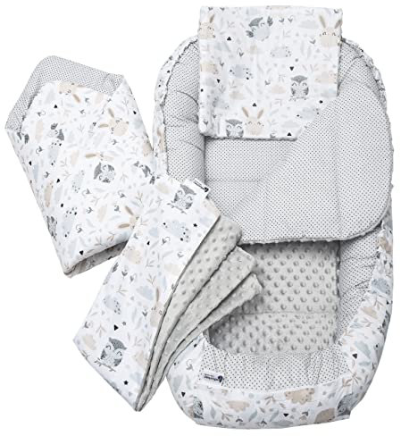 Medi Partners Babynest Nestchen Baby Set für Neugeborene - 100x60x15 Kuschelnest 5 teilig tragbar Nest zweiseitig Babynestchen Bett 100% Baumwolle (Lichtung mit grauem Minky)