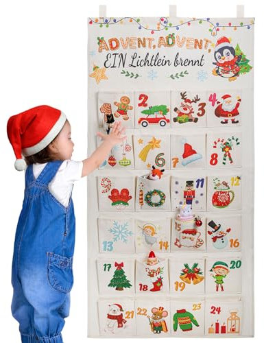DPKOW Deutsch 24 Adventskalender zum Befüllen aus Stoff 2025, Adventskalender Wandteppich Hängend zum Wand Tür Deko Weihnachten Kalender Stoffbeutel für Kinder Selbstbefüllen, mit 24 Taschen