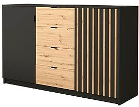 BETTSO-Kommode Schrank für Dokumente, Kleinigkeiten Ideal für Wohnzimmer, Schlafzimmer, Kinderzimmer, und Büro 4 geräumige Schubladen-Onyx 2D4S 150 (Schwarz/Wotan + Wotan Lamellen)