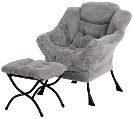 YOTATING Bequemer Sessel mit Fußhocker, Lazy Chair mit Ottomane, Freizeit-Akzentstuhl, Relax-Lounge-Sessel mit Armlehnen & Seitentasche für Wohnzimmer, Schlafzimmer & kleine Räume, Plüschgrau