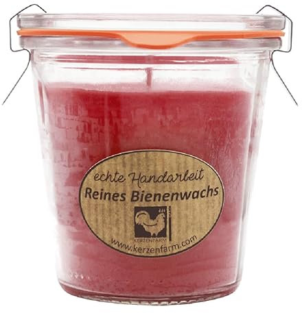 luterna Bienenwachskerze im original Weckglas®, 100% reines Bienenwachs, Dunkelrot, KERZENFARM HAHN, 93/90 mm, 290 ml, Brenndauer ca. 36h